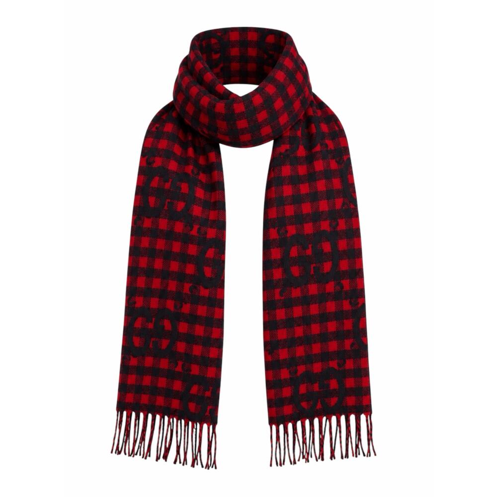 Gucci Diamcheck GG Logo Monogram Wool Jacquard Scarf Red Black 94"x 14"